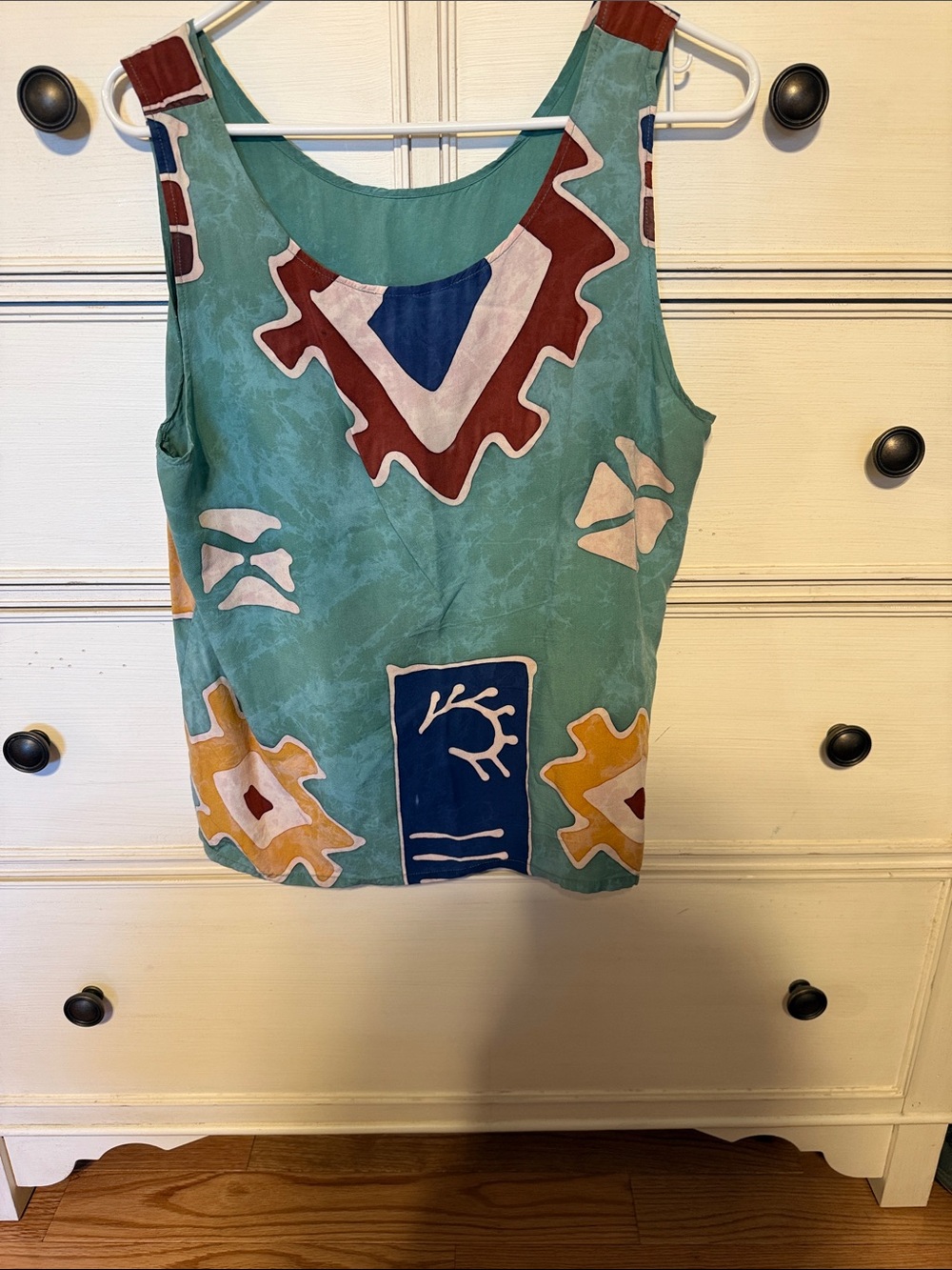 Bali Batiks resort wear Abstract Print Teal Tank Top with Multicolor Accents